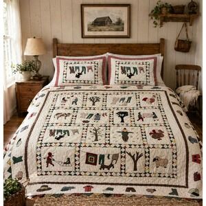 Vintage Folk Art Appliqué Quilt Full Size with Matching Shams Story Quilt Set